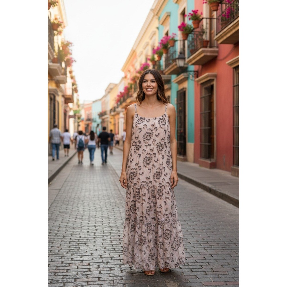 Elena Baldi Maxi Dress Women Blush Pink Abstract Animal Print Tiered Italy S
